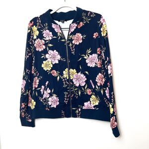 Torrid‎ Size 0 Navy Floral Bomber Jacket Zip-Up Lightweight Spring Casual